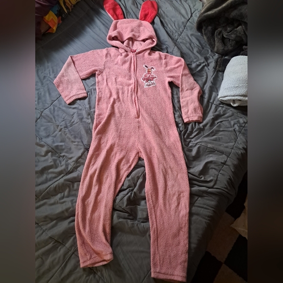 A Christmas Story Pink Nightmare Hooded Fleece Bunny Onesie with Ears! Sz Mens S - Picture 2 of 5